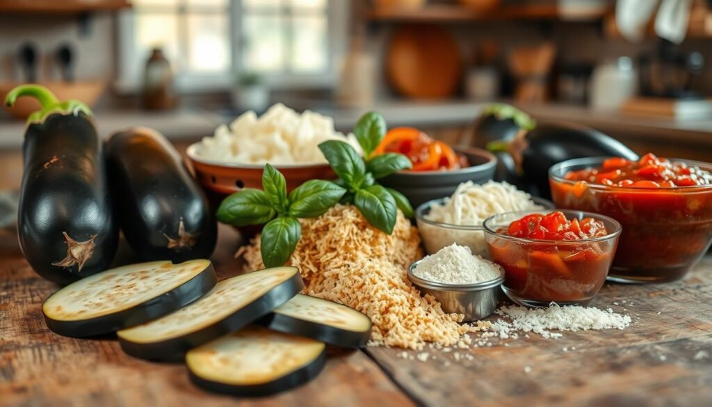 A beautiful arrangement of eggplant parmesan ingredients laid out on a rustic wooden table. In the foreground, plump slices of freshly cut eggplant glisten beside bowls of rich marinara sauce and grated mozzarella cheese, showcasing their textures. In the middle, a cluster of vibrant, fresh basil leaves adds a pop of green, resting next to a pile of golden breadcrumbs and a small dish of freshly grated Parmesan cheese. The background features a softly blurred kitchen setting, with warm, inviting lighting that creates a cozy atmosphere, highlighting the delicious ingredients. The scene evokes an Italian culinary feast, encouraging a sense of warmth and anticipation for a hearty meal.