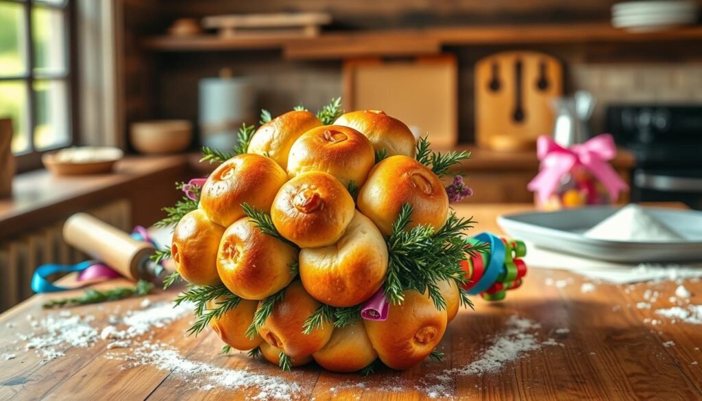 A beautiful, inviting scene showcasing the assembly of a Texas Roadhouse Roll Bouquet. In the foreground, freshly baked, golden-brown bread rolls are artfully arranged in a charming bouquet with greenery and colorful decorative elements, like vibrant ribbons or sprigs of rosemary. In the middle ground, a rustic wooden table adds warmth, with essential tools like a rolling pin, flour, and baking sheets scattered around, evoking a cozy kitchen atmosphere. The background features soft, diffused natural light streaming in from a nearby window, enhancing the inviting ambiance. Capture this moment from a slightly elevated angle to allow a full view of the rolls' texture and the artistry of the bouquet. The mood is warm and cheerful, perfect for a delightful culinary experience.