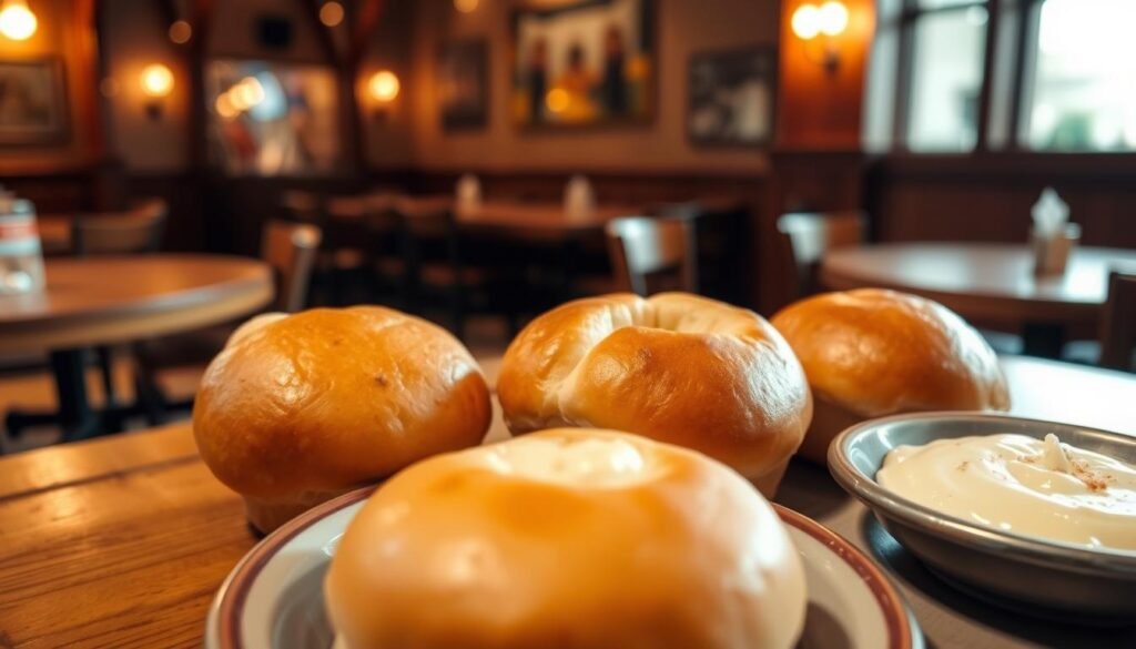 A beautiful plate of Texas Roadhouse rolls, warm and fluffy, served with a small dish of creamy cinnamon butter on the side. The foreground features three freshly baked rolls, displaying their golden-brown crusts and soft interiors, with a slight sheen from melted butter. In the middle, a rustic wooden table complements the homely feel, with subtle textures visible. The background is softly blurred, showcasing a cozy restaurant ambiance with dim, warm lighting and wooden accents, creating an inviting atmosphere. The scene is shot from a slightly elevated angle to capture the rolls prominently, evoking a sense of comfort and indulgence. The overall mood is warm and inviting, perfect for food lovers.