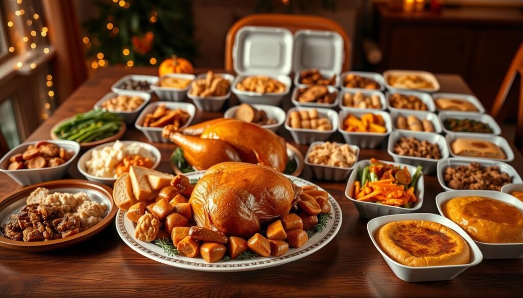 A beautiful presentation of an Applebee's Thanksgiving 2023 preorder takeout bundle set elegantly on a wooden dining table. In the foreground, a large platter featuring a succulent, golden-brown turkey, surrounded by seasonal sides like creamy mashed potatoes, rich gravy, green bean casserole, cranberry sauce, and stuffing. In the middle ground, a variety of individual takeout containers elegantly arranged, showcasing festive dishes like roasted vegetables and pumpkin pie. The background features softly glowing fairy lights and autumn-themed decorations, creating a warm, inviting atmosphere. The scene is bathed in warm, soft lighting that highlights the food’s textures and colors, shot from a slight overhead angle with a camera lens that captures the cozy, festive spirit of a Thanksgiving gathering.