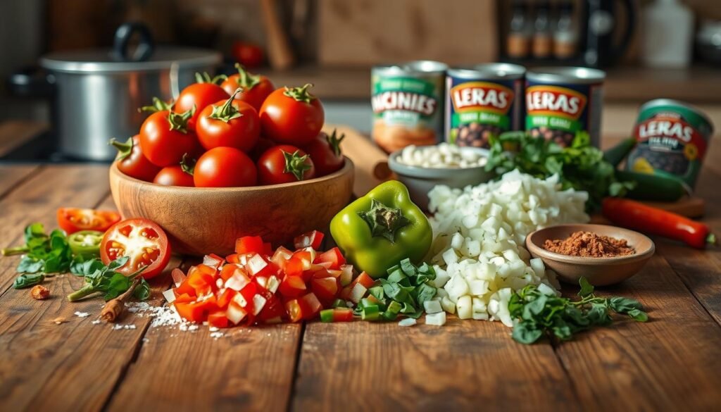 A beautiful, rustic wooden tabletop serves as the foreground, showcasing an array of fresh, vibrant chili ingredients. In the center, a wooden bowl of plump, red tomatoes is surrounded by chopped green bell peppers, diced onions, and minced garlic. Scatter some dried chili peppers and a small dish of chili powder nearby for added detail. The middle ground features a few cans of kidney and black beans, their labels facing outward. In the background, a hint of a cooking pot and a cutting board can be seen, creating a cozy kitchen atmosphere. Soft, warm lighting enhances the colors of the ingredients, casting gentle shadows that evoke a homey, inviting mood. The image captures the essence of preparation for a hearty Texas Roadhouse chili. A beautiful, rustic wooden tabletop serves as the foreground, showcasing an array of fresh, vibrant chili ingredients. In the center, a wooden bowl of plump, red tomatoes is surrounded by chopped green bell peppers, diced onions, and minced garlic. Scatter some dried chili peppers and a small dish of chili powder nearby for added detail. The middle ground features a few cans of kidney and black beans, their labels facing outward. In the background, a hint of a cooking pot and a cutting board can be seen, creating a cozy kitchen atmosphere. Soft, warm lighting enhances the colors of the ingredients, casting gentle shadows that evoke a homey, inviting mood. The image captures the essence of preparation for a hearty Texas Roadhouse chili.