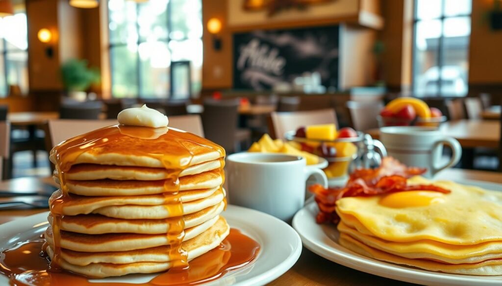 A beautifully arranged Applebee's breakfast table, featuring a variety of delicious dishes: a fluffy pancake stack with maple syrup, crispy bacon, scrambled eggs, and a fresh fruit bowl. In the foreground, the golden pancakes glisten under soft morning light, with a steaming coffee cup next to them. The middle layer showcases a well-set table with attractive plates and utensils, creating an inviting atmosphere. In the background, a cozy restaurant decor with warm wooden tones and bright morning light filtering through large windows, enhancing the cheerful mood. The angle captures the inviting essence of a hearty breakfast, emphasizing comfort and enjoyment. Ensure all human figures present are dressed in casual, professional attire to convey a wholesome dining experience.
