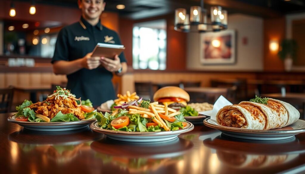 A beautifully arranged Applebee's lunch menu on a polished wooden table, showcasing a selection of vibrant dishes like a crispy Chinese Chicken Salad, a classic Cheeseburger with fries, and a smoky BBQ Chicken Wrap. The foreground features a close-up of these dishes, meticulously plated, with fresh greens and colorful garnishes. In the middle ground, a server dressed in a neat black shirt and apron stands beside the table, smiling and holding a notepad, ready to take an order. The background presents a cozy restaurant setting with soft, ambient lighting that creates a warm and inviting atmosphere. The focus is sharp on the food, while the surrounding details are slightly blurred, enhancing the culinary delights. The overall mood is casual yet professional, perfect for a light lunch experience. A beautifully arranged Applebee's lunch menu on a polished wooden table, showcasing a selection of vibrant dishes like a crispy Chinese Chicken Salad, a classic Cheeseburger with fries, and a smoky BBQ Chicken Wrap. The foreground features a close-up of these dishes, meticulously plated, with fresh greens and colorful garnishes. In the middle ground, a server dressed in a neat black shirt and apron stands beside the table, smiling and holding a notepad, ready to take an order. The background presents a cozy restaurant setting with soft, ambient lighting that creates a warm and inviting atmosphere. The focus is sharp on the food, while the surrounding details are slightly blurred, enhancing the culinary delights. The overall mood is casual yet professional, perfect for a light lunch experience.