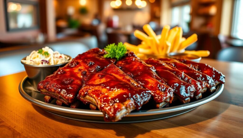 A beautifully arranged Applebee's riblets platter featuring succulent, smoky riblets glazed with a savory BBQ sauce, garnished with fresh parsley. The foreground showcases the platter with riblets arranged appealingly alongside crispy fries and a colorful side of coleslaw. In the middle ground, the rich textures of the meat and sides contrast against a rustic wooden table, enhancing the appetizing look. Set against a softly blurred restaurant background with warm, inviting lighting that creates a cozy atmosphere, the image captures the essence of delicious casual dining. The angle is slightly overhead, providing a clear view of the dish while highlighting the interaction of flavors and textures, inviting viewers to indulge in the meal.