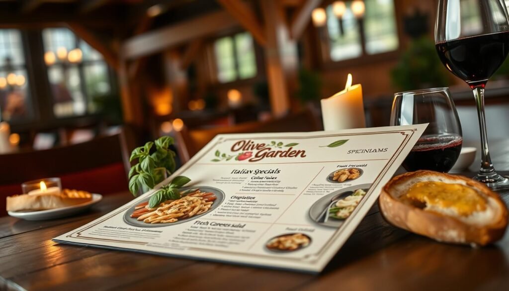 A beautifully arranged Italian menu featuring Olive Garden specialties, set on a rustic wooden table. In the foreground, focus on a large, elegant menu highlighting signature dishes like Fettuccine Alfredo, Chicken Parmigiana, and fresh Caprese salad, with vibrant colors and vivid descriptions of each dish. Surrounding the menu, include decorative elements such as a small vase of fresh basil, a piece of artisan bread with olive oil, and a glass of red wine reflecting soft candlelight. In the background, softly blurred, capture an inviting Italian restaurant ambiance with wooden beams and warm lighting casting a cozy glow. The mood is inviting and warm, perfect for showcasing beloved Italian cuisine in a family-friendly dining environment.