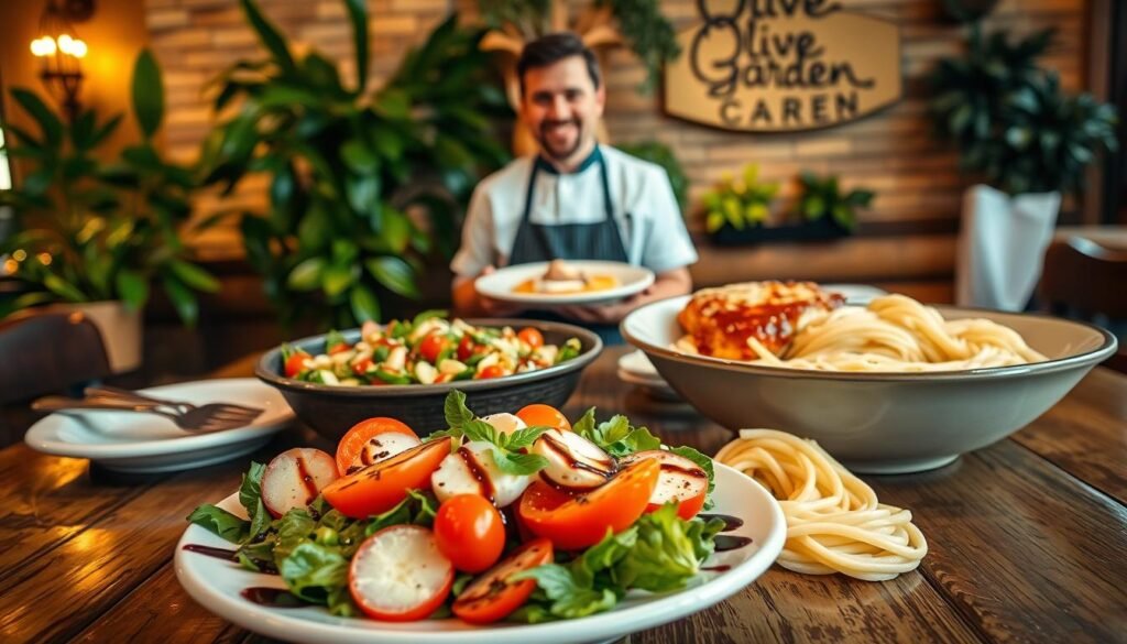 A beautifully arranged Olive Garden menu displayed on a rustic wooden table, with various signature Italian dishes elegantly presented. In the foreground, a close-up of a vibrant Caprese salad, drizzled with balsamic glaze, sitting beside a steaming bowl of Fettuccine Alfredo. In the middle background, a chef in professional attire, smiling while holding a plate of Chicken Parmigiana, surrounded by lush green plants and warm, inviting lighting that casts a soft glow over the scene. The overall atmosphere is cozy and welcoming, evoking a sense of authentic Italian dining experience. The camera angle is slightly elevated, providing a comprehensive view of the dishes and the chef, enhancing the inviting ambiance of the Olive Garden.