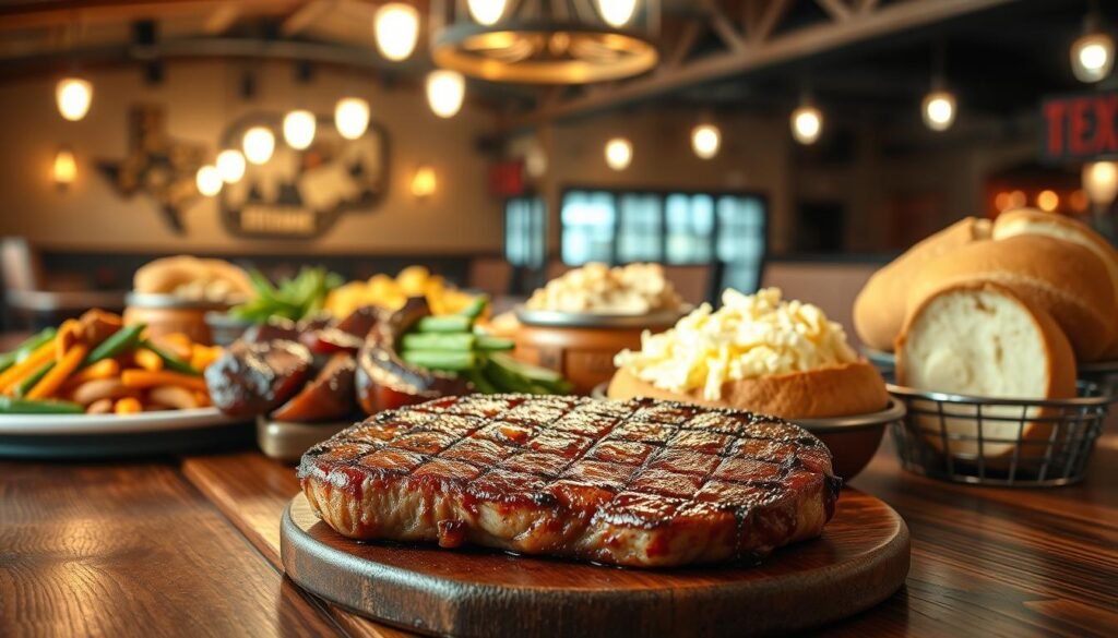 A beautifully arranged Texas Roadhouse Family Pack displayed on a rustic wooden table, featuring a generous selection of grilled steaks, loaded baked potatoes, and freshly baked bread with cinnamon butter. In the foreground, focus on a succulent steak, perfectly seared with grill marks, surrounded by vibrant sides like crispy green beans and creamy coleslaw. The middle ground includes a family-style gathering, with tasteful platters filled with food and cheerful dishes designed for sharing. In the background, a warm, inviting Texas-themed restaurant ambiance with soft lighting emanating from hanging pendant lights, enhancing the cozy atmosphere. Shot from a slightly elevated angle, creating a sense of abundance and inviting viewers to dig into a delicious family meal. A beautifully arranged Texas Roadhouse Family Pack displayed on a rustic wooden table, featuring a generous selection of grilled steaks, loaded baked potatoes, and freshly baked bread with cinnamon butter. In the foreground, focus on a succulent steak, perfectly seared with grill marks, surrounded by vibrant sides like crispy green beans and creamy coleslaw. The middle ground includes a family-style gathering, with tasteful platters filled with food and cheerful dishes designed for sharing. In the background, a warm, inviting Texas-themed restaurant ambiance with soft lighting emanating from hanging pendant lights, enhancing the cozy atmosphere. Shot from a slightly elevated angle, creating a sense of abundance and inviting viewers to dig into a delicious family meal.