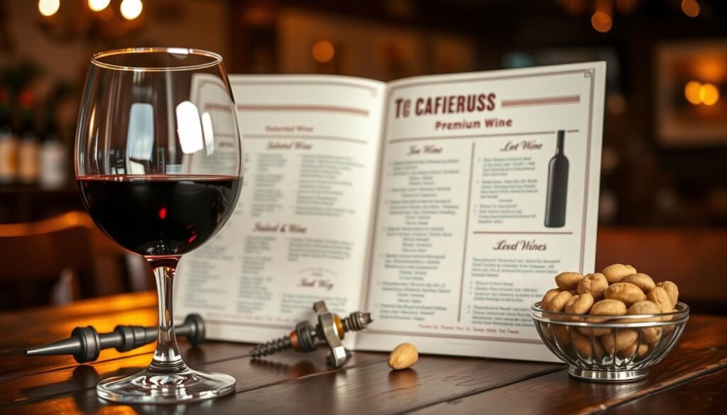 A beautifully arranged Texas Roadhouse drink menu highlighting premium wine offerings, placed on a rustic wooden table. In the foreground, a polished wine glass filled with red wine glimmers under soft, warm lighting, capturing the rich hues of the wine. A vintage corkscrew and a small bowl of mixed nuts accompany the glass, adding a touch of elegance. In the middle, the menu showcases an array of selected wines with intricate labels, elegantly displaying names and varietals. The background features a cozy, inviting ambiance that suggests a friendly, laid-back atmosphere typical of a Texas roadhouse, with soft bokeh lighting and hints of rustic decor. The overall mood is warm and welcoming, perfect for wine enthusiasts seeking a delightful taste experience.