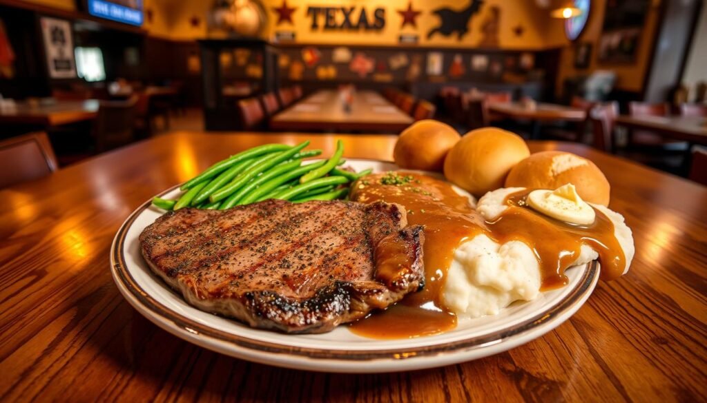 A beautifully arranged Texas Roadhouse early dine meal set on a rustic wooden table. In the foreground, a generous plate features a perfectly grilled sirloin steak, glossy with seasoning, alongside a vibrant side of seasoned green beans and fluffy mashed potatoes with rich brown gravy. To the side, freshly baked bread rolls with cinnamon butter add a touch of warmth. In the middle, a casual, cozy atmosphere is complemented by warm, inviting lighting that creates a friendly dining experience. The background subtly showcases the restaurant's signature decor, featuring Western-themed elements, warm wood accents, and Texas memorabilia, enhancing the ambiance. The angle captures the meal from above, emphasizing the dish's vibrant colors and textures while providing a clear view of the comforting setting. The mood is welcoming and appetizing, perfect for enticing readers to explore more about the Early Dine Specials.