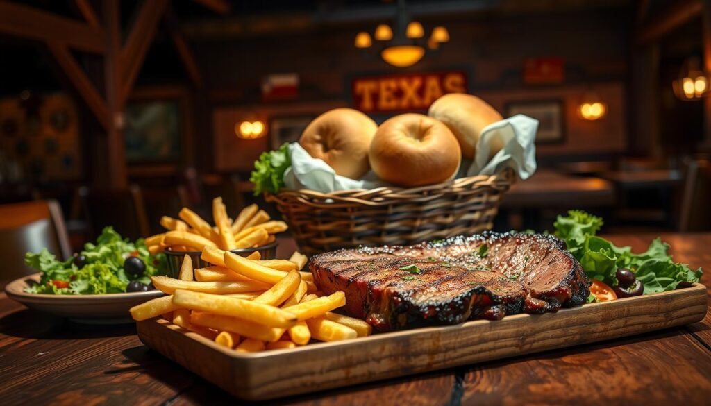 A beautifully arranged Texas Roadhouse takeout order on a rustic wooden table. The foreground features a large, steaming platter of hand-cut ribeye steak, garnished with fresh herbs. Beside it, a generous portion of crispy French fries and a side of vibrant green salad. In the middle, a warm basket of freshly baked bread rolls with cinnamon butter. The background shows a cozy, dimly lit Texas Roadhouse interior with wooden beams, cowboy-themed decorations, and a friendly atmosphere, embodying the spirit of the restaurant. Soft, warm lighting highlights the rich textures of the food, creating an inviting and appetizing scene. The mood is relaxed and inviting, perfect for anyone looking to enjoy a delicious takeout meal.