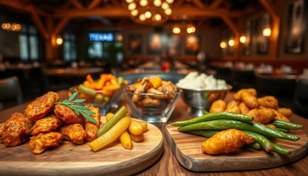 A beautifully arranged appetizer table featuring an elegant display of various appetizers that resemble classic Texas Roadhouse side dishes. In the foreground, a wooden cutting board displays spicy buffalo chicken wings next to a serving of fresh green beans and crispy fried pickles, all garnished with herbs. In the middle, a mix of vibrant roasted vegetables and creamy mashed potatoes in stylish serving dishes are artistically placed. The background features a warm, rustic restaurant setting with wooden beams and dim, inviting lighting, creating a cozy atmosphere. The scene is captured from a slightly elevated angle, emphasizing the lush colors and textures, with a soft focus effect on the background to highlight the delicious offerings in the foreground. A beautifully arranged appetizer table featuring an elegant display of various appetizers that resemble classic Texas Roadhouse side dishes. In the foreground, a wooden cutting board displays spicy buffalo chicken wings next to a serving of fresh green beans and crispy fried pickles, all garnished with herbs. In the middle, a mix of vibrant roasted vegetables and creamy mashed potatoes in stylish serving dishes are artistically placed. The background features a warm, rustic restaurant setting with wooden beams and dim, inviting lighting, creating a cozy atmosphere. The scene is captured from a slightly elevated angle, emphasizing the lush colors and textures, with a soft focus effect on the background to highlight the delicious offerings in the foreground.