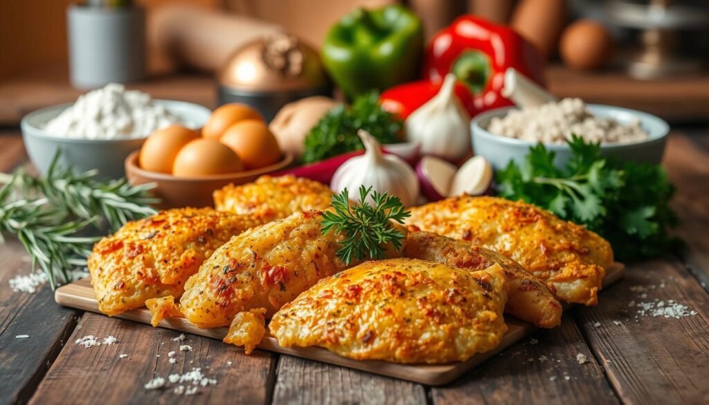 A beautifully arranged assortment of chicken fritta ingredients on a rustic wooden table. In the foreground, showcase crispy golden-brown chicken pieces with visible herbs and spices. Surrounding the chicken, display fresh ingredients such as a bowl of flour, eggs, and breadcrumbs, with sprigs of rosemary and parsley for garnish. In the middle, include sliced onions, garlic cloves, and colorful bell peppers to highlight flavor diversity. The background should feature a softly blurred kitchen setting with warm lighting, evoking a cozy cooking atmosphere. Capture the scene from a three-quarter angle, emphasizing the textures and details of the ingredients, inviting viewers to imagine the cooking process and the delicious outcome.