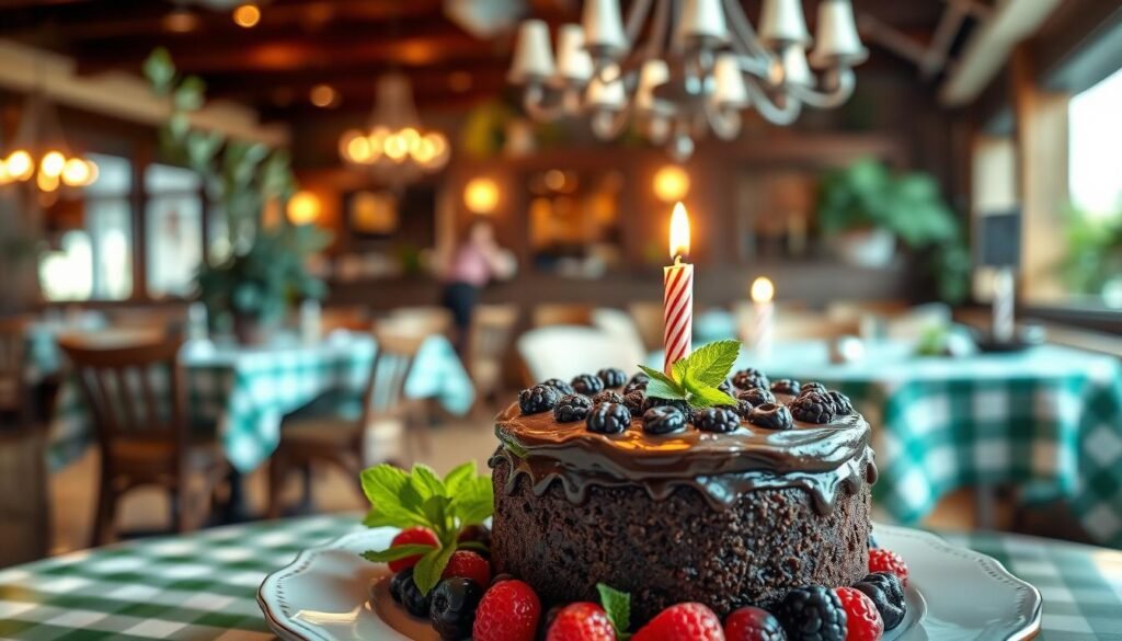 A beautifully arranged birthday dessert display at an Olive Garden restaurant setting. In the foreground, a rich chocolate cake with creamy frosting topped with a single lit candle sits on an elegant plate, surrounded by fresh berries and mint leaves. The middle layer features an inviting table with green and white checkered tablecloths, softly lit by warm, ambient lighting from overhead chandeliers. In the background, soft-focus olive plants and wooden decor of the restaurant add a cozy, inviting atmosphere. The scene should evoke feelings of celebration and joy, showcasing the delightful ambiance of a birthday celebration. Capture the image at a slight angle, using a shallow depth of field to emphasize the dessert while gently blurring the background, creating an intimate and festive mood.