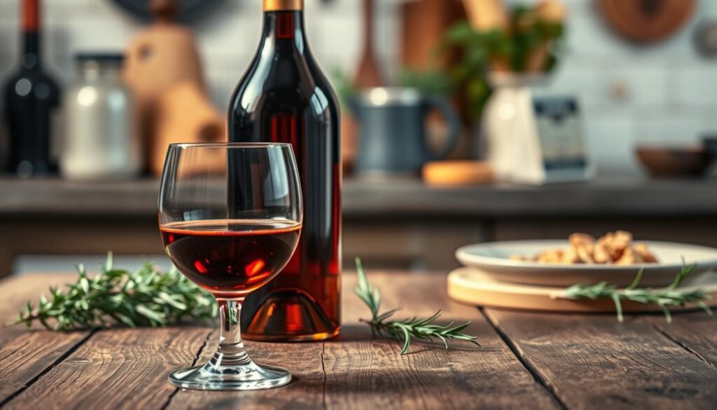 A beautifully arranged bottle of Marsala wine resting on a rustic wooden table. The wine is a rich amber color, glistening under soft, warm lighting that highlights its depth and complexity. In the foreground, a delicate wine glass filled with the Marsala wine reflects glimmers of light, enhancing its inviting hue. In the middle ground, the backdrop features a blurred kitchen setting with herbs and spices, subtly emphasizing the connection to cooking. Surrounding the bottle, a few sprigs of fresh thyme and rosemary add a touch of green. The atmosphere is warm and inviting, suggesting a cozy culinary experience. The overall composition is captured from a slightly elevated angle, evoking a sense of elegance and inspiration for home cooking.