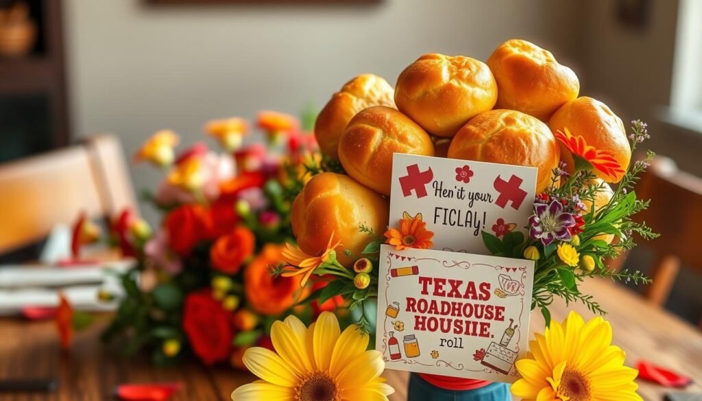 A beautifully arranged bouquet featuring golden Texas Roadhouse rolls, elegantly nestled among vibrant flowers and greenery. The bouquet stands prominently in the foreground, adorned with a decorative gift card displaying charming designs, its message subtly implied through colorful illustrations. The middle ground is filled with delicate, fresh blooms in warm hues of red, orange, and yellow, enhancing the inviting atmosphere. In the background, a softly blurred setting of a rustic dining table complements the bouquet, creating a homey ambiance. Warm, natural lighting highlights the textures of the rolls and the petals, while a shallow depth of field focuses on the bouquet, inviting viewers to indulge in this creative gift idea. The overall mood is cheerful and uplifting, celebrating personalization and thoughtful gestures.