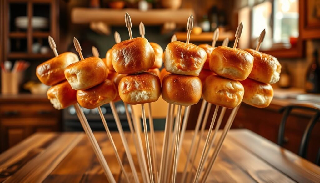 A beautifully arranged bouquet of Texas Roadhouse rolls secured on skewers, focusing on the meticulous stability of the setup. In the foreground, the skewers stand upright, each adorned with fluffy, warm rolls, golden brown and lightly brushed with butter. The middle layer includes a rustic wooden table, enhancing the homely atmosphere, while soft kitchen lighting casts a warm, inviting glow. In the background, a blurred kitchen scene reveals warm colors, like deep browns and soft yellows, hinting at the cozy setting of a family kitchen. The mood is cheerful and comforting, evoking the warmth of home-cooked meals and togetherness. The angle is slightly overhead, showcasing the skewers' alignment and the inviting allure of the rolls without any distractions or text, focusing solely on the delicious presentation. A beautifully arranged bouquet of Texas Roadhouse rolls secured on skewers, focusing on the meticulous stability of the setup. In the foreground, the skewers stand upright, each adorned with fluffy, warm rolls, golden brown and lightly brushed with butter. The middle layer includes a rustic wooden table, enhancing the homely atmosphere, while soft kitchen lighting casts a warm, inviting glow. In the background, a blurred kitchen scene reveals warm colors, like deep browns and soft yellows, hinting at the cozy setting of a family kitchen. The mood is cheerful and comforting, evoking the warmth of home-cooked meals and togetherness. The angle is slightly overhead, showcasing the skewers' alignment and the inviting allure of the rolls without any distractions or text, focusing solely on the delicious presentation.