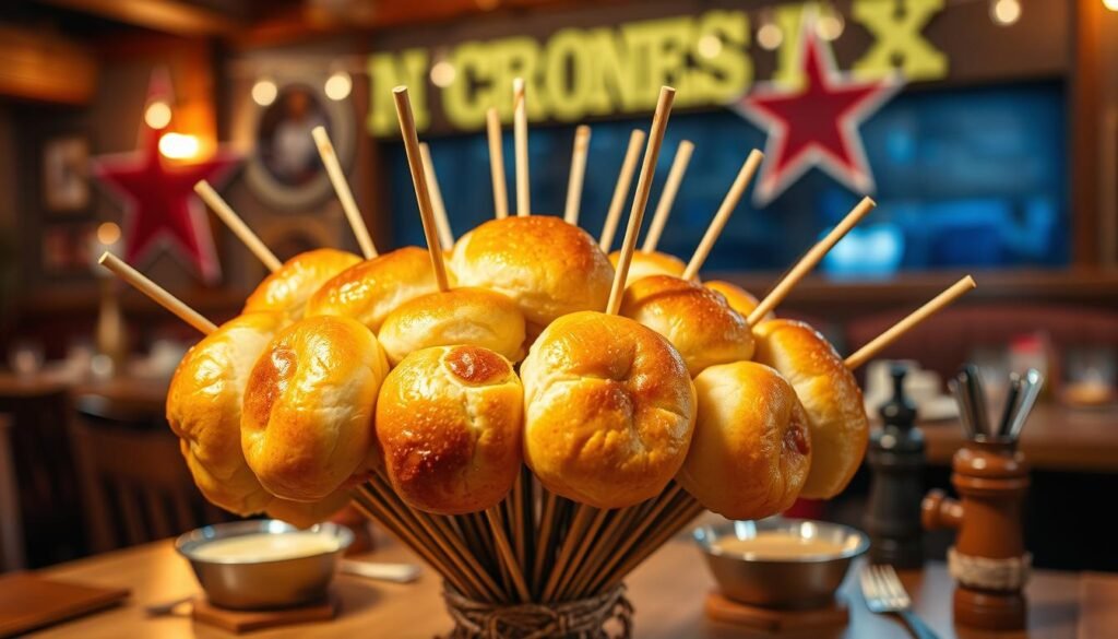 A beautifully arranged bouquet of soft, golden Texas Roadhouse rolls is centered in the foreground, supported by neatly inserted wooden skewers that give the impression of flower stems. Each roll is perfectly textured, showcasing its fluffy interior and crusty exterior, glistening with a hint of warm butter. In the middle ground, a rustic wooden table adds charm, while various condiments like honey butter and cinnamon sugar are subtly positioned to enhance the scene. The background features a soft-focus, warmly lit restaurant setting with hints of Texas decor. The lighting is warm and inviting, enhancing the cozy atmosphere, while the camera angle captures the bouquet from a slightly elevated perspective, celebrating the beauty of the presentation. The mood is indulgent and welcoming, perfect for a sumptuous culinary experience.