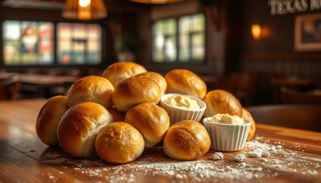 A beautifully arranged bouquet of warm, freshly baked Texas Roadhouse rolls, golden brown with a soft and fluffy texture, centered in the foreground. Nestled among the rolls are small, decorative bowls of creamy cinnamon butter, glistening in the warm light. The middle ground includes a rustic wooden table surface, adding an inviting touch, with subtle hints of flour scattered about. In the background, softly blurred, are hints of a cozy Texas Roadhouse restaurant ambiance, featuring dark wooden accents and warm pendant lighting that casts a gentle glow, enhancing the warmth of the scene. The overall mood is inviting and indulgent, evoking a sense of comfort and hospitality. The composition should be shot from a slight top-down angle, bringing the rolls and butter to the forefront, in bright, natural lighting.