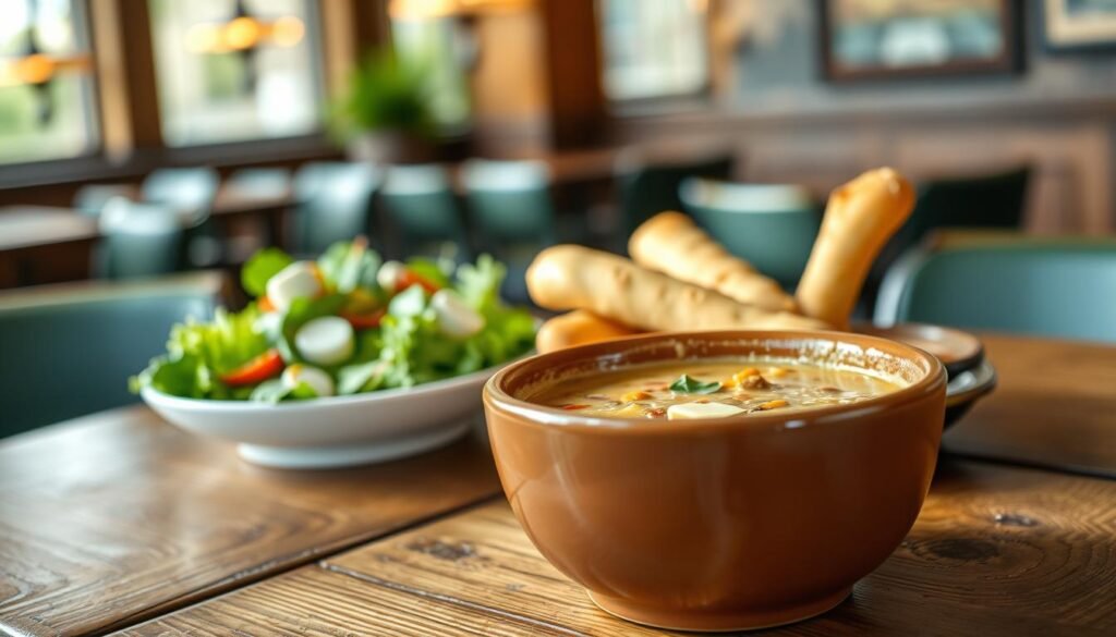 A beautifully arranged bowl of Olive Garden's signature soup, showcasing rich, creamy texture filled with vegetables and savory flavors, is placed on a rustic wooden table. In the foreground, the bowl is accompanied by a side plate of freshly baked breadsticks, glistening with garlic butter. In the middle ground, a light green salad topped with mozzarella and drizzled with vinaigrette provides a refreshing contrast. There are subtle hints of the Olive Garden ambiance in the softly blurred background, featuring warm lighting from vintage-style lamps and hints of the restaurant's decor, creating a cozy atmosphere. The scene is captured in natural sunlight with a shallow depth of field, creating an inviting and appetizing mood, perfect for a culinary article.