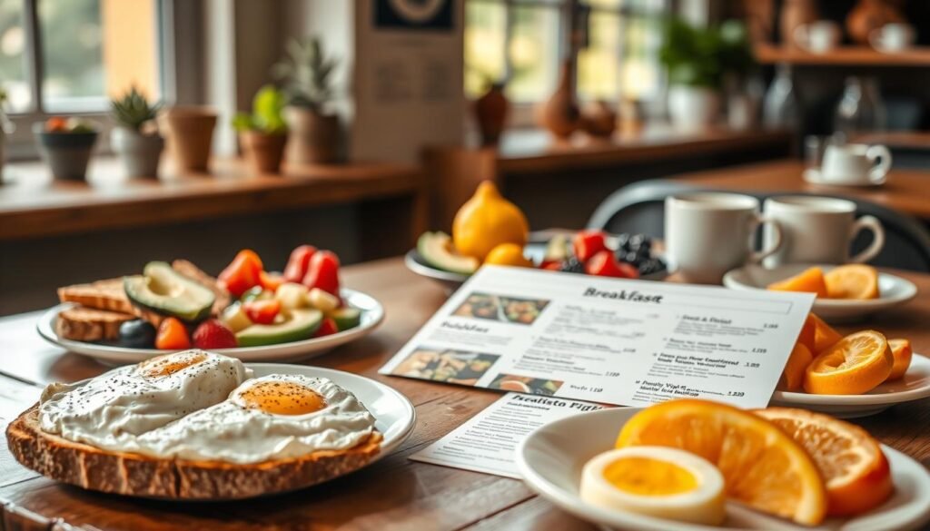 A beautifully arranged breakfast menu laid out on a rustic wooden table, featuring a variety of nutritious options. In the foreground, a colorful array of dishes including fluffy scrambled eggs, whole-grain toast, fresh avocado slices, and vibrant seasonal fruits such as berries and oranges. The middle ground showcases a neatly printed breakfast menu, highlighting healthy choices with enticing visuals. Soft morning light filters through a nearby window, creating a warm, inviting atmosphere. In the background, subtle hints of a cozy restaurant environment can be seen, with blurred outlines of decorative elements like plants and coffee cups, enriching the scene's inviting ambiance. The overall mood is fresh and wholesome, ideal for health-conscious diners.