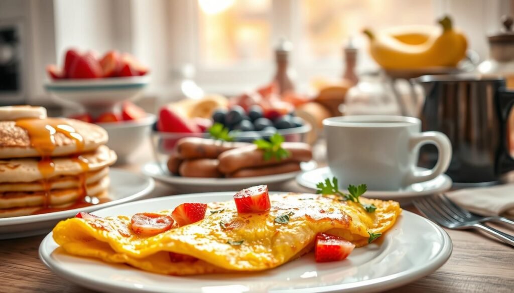 A beautifully arranged breakfast table featuring a variety of classic breakfast items, including fluffy pancakes stacked high with maple syrup drizzling down, crispy bacon and sausages, a vibrant fruit bowl with strawberries, blueberries, and sliced bananas, and a steaming cup of coffee. In the foreground, a detailed close-up of a perfectly cooked omelet garnished with fresh herbs, showcasing texture and color. The middle layer displays a cozy dining setup with a sunny window, allowing natural light to illuminate the scene, creating a warm and inviting atmosphere. In the background, subtle kitchen elements like spices or cooking utensils should add a homey feel. The composition should evoke a sense of comfort and joy, ideal for navigating allergen concerns in breakfast meals.