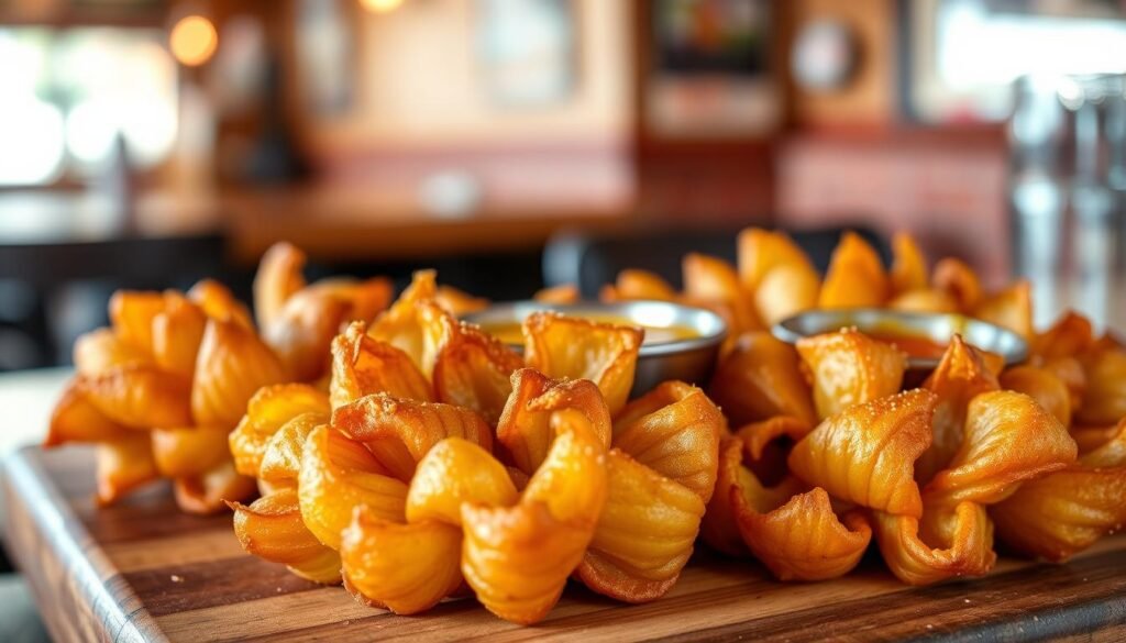 A beautifully arranged cactus blossom onion appetizer, showcasing the intricate layers of the fried onion petals, which resemble vibrant cactus flowers. In the foreground, the crispy golden-brown petals are garnished with a light sprinkle of seasoning and accompanied by a small bowl of zesty dipping sauce. The middle ground reveals a rustic wooden table, enhancing the approachable and cozy atmosphere of a Texas roadhouse. Soft, warm lighting casts gentle shadows, emphasizing the texture of the onion and rich colors of the dish. In the background, hint of a casual dining setting, with blurred warm-toned colors that evoke a welcoming feeling. The overall mood is inviting and delicious, perfect for highlighting a savory appetizer in a casual dining environment.
