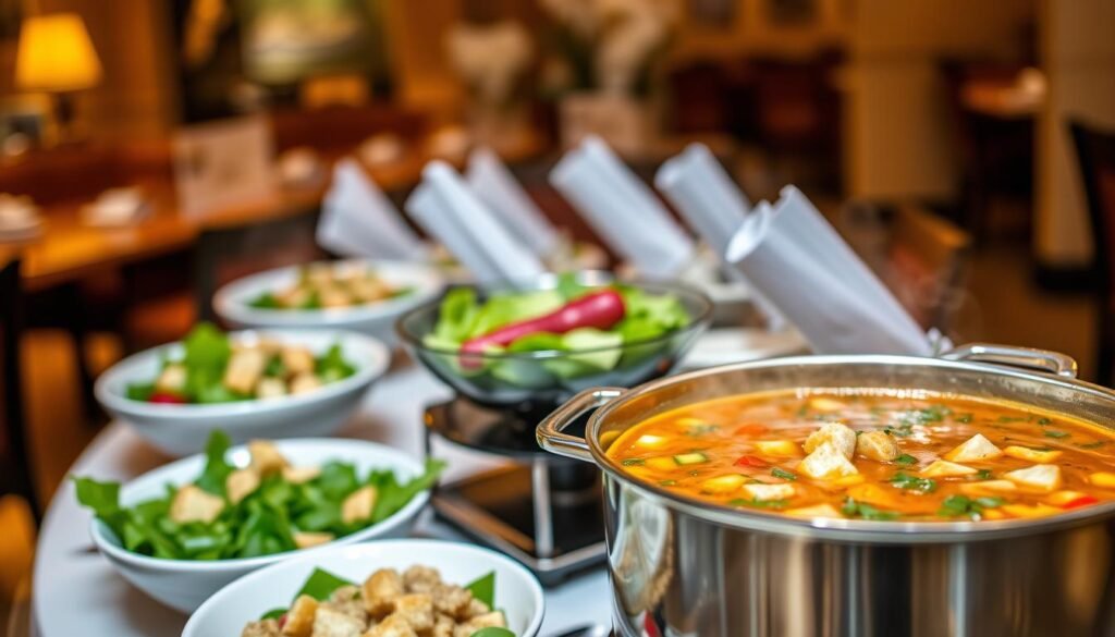 A beautifully arranged catering display featuring Olive Garden’s signature soup, showcasing a large pot of steaming minestrone soup, vibrant with vegetables and herbs, placed prominently in the foreground. Surrounding the pot, elegant serving bowls filled with fresh salad mix, drizzled with dressing, and garnished with croutons. In the middle ground, a neatly set dining table with neatly folded napkins and silverware, emphasizing the catering options for groups. The background features warm lighting that creates a cozy atmosphere, with blurred hints of a restaurant setting to evoke the Olive Garden ambiance. The scene conveys a sense of abundance and togetherness, perfect for group dining experiences.