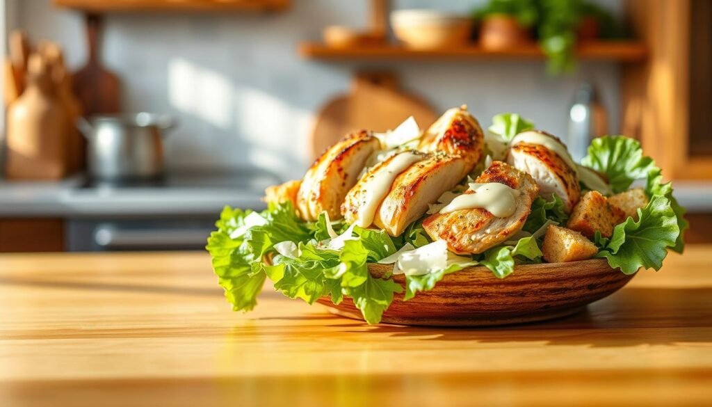 A beautifully arranged chicken Caesar salad, featuring tender grilled chicken slices atop a bed of crisp Romaine lettuce, garnished with shavings of Parmesan cheese and crunchy croutons. The salad is drizzled with a creamy Caesar dressing that glistens in the light. In the foreground, a polished wooden table serves as the surface, while in the middle ground, a rustic ceramic bowl holds the salad, enhancing the appetizing presentation. The background features softly blurred kitchen elements, creating a warm and inviting atmosphere. Natural sunlight streams in from a nearby window, illuminating the dish and accentuating the fresh colors of the salad. The overall mood is cheerful and inviting, perfectly embodying a satisfying midday meal. A beautifully arranged chicken Caesar salad, featuring tender grilled chicken slices atop a bed of crisp Romaine lettuce, garnished with shavings of Parmesan cheese and crunchy croutons. The salad is drizzled with a creamy Caesar dressing that glistens in the light. In the foreground, a polished wooden table serves as the surface, while in the middle ground, a rustic ceramic bowl holds the salad, enhancing the appetizing presentation. The background features softly blurred kitchen elements, creating a warm and inviting atmosphere. Natural sunlight streams in from a nearby window, illuminating the dish and accentuating the fresh colors of the salad. The overall mood is cheerful and inviting, perfectly embodying a satisfying midday meal.