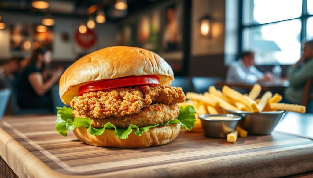A beautifully arranged chicken sandwich showcasing a crispy fried chicken breast fillet, lightly spiced, nestled within a toasted, golden brioche bun. Fresh lettuce and ripe tomato slices peek out, adding a vibrant green and red contrast. The foreground captures the sandwich sitting elegantly on a rustic wooden cutting board. In the middle, a soft-focus background features a contemporary fast-food restaurant setting with patrons enjoying their meals. Natural light filters through a nearby window, casting soft, warm shadows, creating an inviting and appetizing atmosphere. A fresh side of fries and dipping sauce is subtly visible to complement the sandwich, elevating the overall appeal of the image. The scene evokes feelings of comfort and indulgence while highlighting the flavors and textures of this popular fast food option.