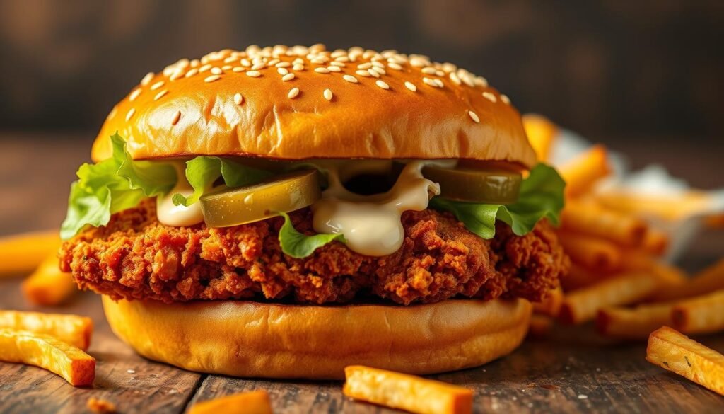 A beautifully arranged close-up of a Popeyes Spicy Chicken Sandwich, showcasing its crispy fried chicken fillet infused with bold spices peeking out from a lightly toasted, sesame seed bun. Include contrasting layers of fresh lettuce, pickles, and a drizzle of creamy mayo, highlighting the sandwich's textures and colors. The sandwich sits on a rustic wooden surface, surrounded by a few scattered fries for added context. Use warm, inviting lighting to create a mouthwatering appeal. Capture the image with a shallow depth of field to blur the background slightly while keeping the focus sharp on the sandwich. Aim for a vibrant, appetizing atmosphere that conveys the indulgence and flavor of this iconic food item. A beautifully arranged close-up of a Popeyes Spicy Chicken Sandwich, showcasing its crispy fried chicken fillet infused with bold spices peeking out from a lightly toasted, sesame seed bun. Include contrasting layers of fresh lettuce, pickles, and a drizzle of creamy mayo, highlighting the sandwich's textures and colors. The sandwich sits on a rustic wooden surface, surrounded by a few scattered fries for added context. Use warm, inviting lighting to create a mouthwatering appeal. Capture the image with a shallow depth of field to blur the background slightly while keeping the focus sharp on the sandwich. Aim for a vibrant, appetizing atmosphere that conveys the indulgence and flavor of this iconic food item.