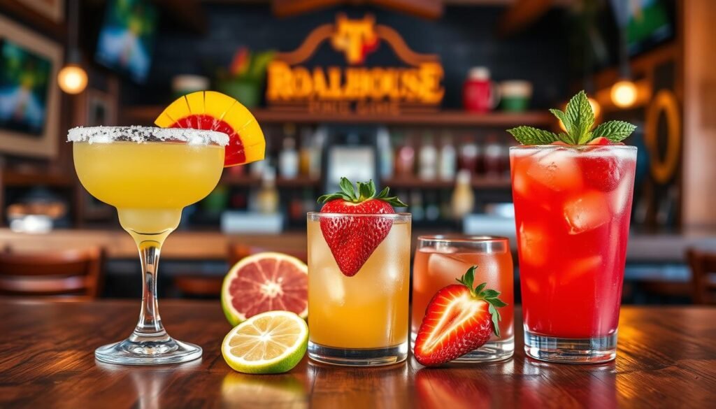 A beautifully arranged collection of vibrant margaritas in various flavors, displayed on a rustic wooden table. The foreground showcases three signature cocktails: a classic lime margarita with a salted rim, a mango margarita garnished with a slice of fresh mango, and a strawberry margarita adorned with a plump strawberry. In the middle, colorful garnishes such as lime wheels and sprigs of mint enhance the visual appeal. The background features a soft-focus view of a welcoming bar atmosphere, with warm ambient lighting creating an inviting mood. The scene captures the essence of a lively Texas Roadhouse setting, evoking a sense of celebration and relaxation. The composition should emphasize the vibrant colors of the drinks, showcasing their freshness and inviting nature while ensuring clarity and finesse in detail.
