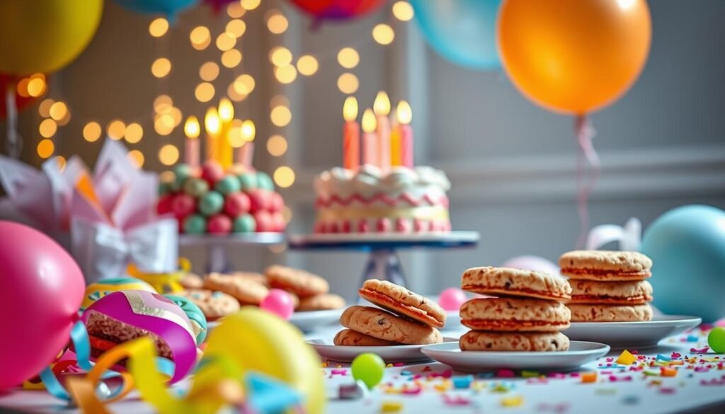 A beautifully arranged dessert table featuring an array of Crumbl cookies in vibrant colors and flavors, with decorative birthday-themed elements like balloons and confetti in the foreground. The middle ground showcases a large birthday cake topped with candles, hinting at celebration and joy, alongside a few inviting plates of cookies artfully stacked and presented. In the background, softly blurred fairy lights create a warm, inviting atmosphere, enhancing the celebratory mood. The scene is illuminated with soft, diffused lighting to add a touch of whimsy. The angle of the shot is slightly above eye level, focusing on the deliciousness of the cookies and the festive decor, inviting viewers to indulge in the sweetness of a special birthday celebration.