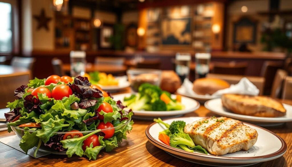 A beautifully arranged dining table featuring a variety of nutritious dishes from the Texas Roadhouse Early Dine Menu, with fresh lean meats, vibrant vegetables, and whole grains. In the foreground, a colorful salad with mixed greens, cherry tomatoes, and a light vinaigrette dressing is highlighted alongside a grilled chicken breast. The middle ground showcases a selection of sides, such as steamed broccoli and a baked sweet potato, elegantly plated. The background displays a softly lit restaurant ambiance, with warm wooden tones and rustic decor, evoking a welcoming, health-conscious atmosphere. The scene is illuminated with gentle overhead lighting, creating a cozy and inviting mood that encourages diners to explore healthier choices. The composition captures a sense of balance and vitality, suitable for health-conscious diners.