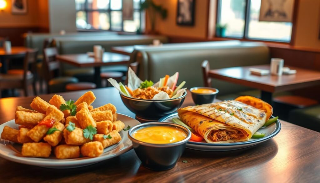 A beautifully arranged dining table showcasing Applebee's current appetizer and entrée selections. In the foreground, a vibrant plate of crispy Mozzarella Sticks, garnished with marinara sauce, sits beside a colorful serving of Chicken Wonton Tacos, elegantly presented with fresh cilantro. In the middle ground, a spicy Chicken Quesadilla, cut into perfect wedges, is paired with a warm bowl of queso dip, surrounded by fresh vegetables. The background features a softly lit restaurant ambiance, with wooden tables and subtle decorations that create a cozy atmosphere. The lighting is warm and inviting, enhancing the food's colors. The angle is slightly above eye level to capture the full spread, evoking a sense of indulgence and comfort.