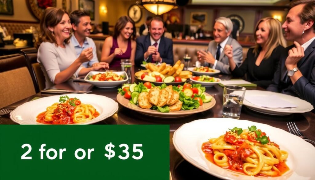 A beautifully arranged dining table showcasing a variety of Olive Garden dishes, emphasizing the "2 for $25" menu concept. In the foreground, two elegant plates feature pasta dishes with rich sauces, garnished with fresh herbs, and accompanied by vibrant salads. In the middle, a sharing platter filled with bruschetta and breadsticks creates an inviting communal dining atmosphere. The background showcases a tastefully decorated restaurant interior, with soft, warm lighting that creates a cozy ambiance. The scene captures a diverse group of diners in professional attire, engaged in cheerful conversation, demonstrating joy and warmth. The angle is slightly elevated to encompass the full table setting, highlighting the abundance of food and camaraderie among the guests. The overall mood is friendly, inviting, and centered around maximizing dining value through shared experiences.