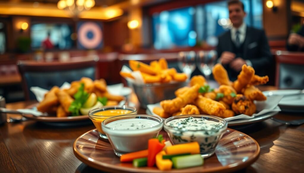 A beautifully arranged dining table showcasing an ultimate trio of Applebee's sampler dishes. In the foreground, focus on a platter featuring crispy boneless wings, golden mozzarella sticks, and savory spinach and artichoke dip, garnished with fresh herbs. In the middle ground, a vibrant side of tangy dipping sauces sits alongside colorful fresh vegetables. The background features a warm, inviting restaurant setting with ambient lighting, capturing a cozy atmosphere. Soft bokeh enhances the aesthetic, resembling a relaxed dining experience. The table is set with elegant tableware, and nearby, a figure dressed in smart casual attire, engaged in conversation, adds life to the scene. The overall mood is appetizing and welcoming, inviting viewers to indulge in a delicious culinary experience.