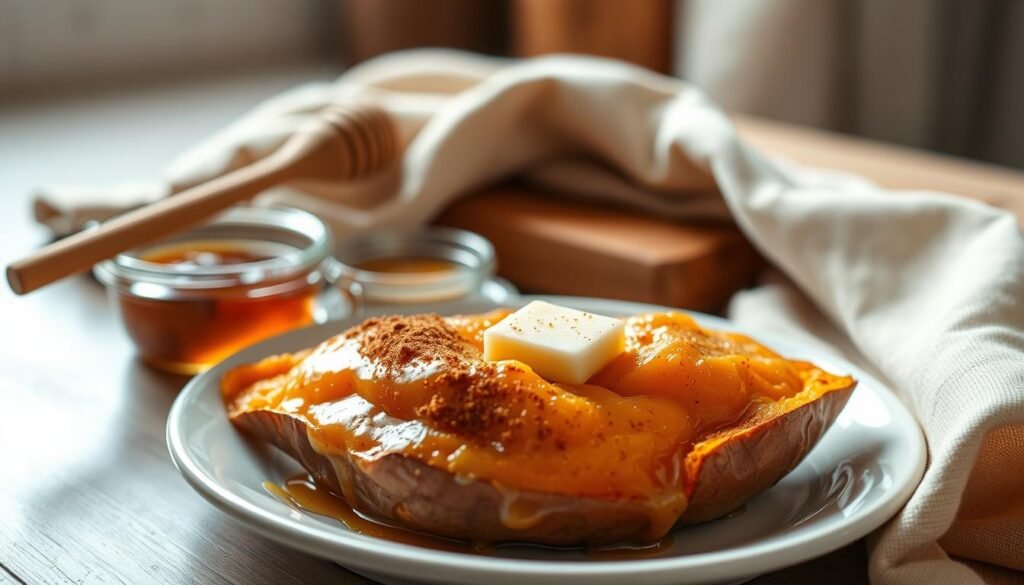 A beautifully arranged dish of honey cinnamon butter sweet potato, prominently centered in the foreground, showcasing the sweet potato with a golden-brown, buttery glaze and sprinkled with ground cinnamon. The butter is melting, creating a glossy sheen that reflects soft kitchen lighting. Around the sweet potato, a small dish of honey glistens, with a honey dipper resting beside it. In the middle ground, rustic wooden utensils and a linen napkin are artfully placed, enhancing the warm and inviting atmosphere of a cozy kitchen. The background features a blurred, softly-lit kitchen setting, evoking a homey, comforting mood. The scene captures the essence of a delicious, indulgent treat, with warm, golden hues dominating the color palette.