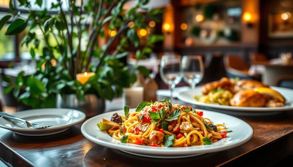 A beautifully arranged display of Olive Garden's gluten-sensitive menu options. In the foreground, an elegantly set dining table features a vibrant, colorful salad with Italian dressing, a gluten-free pasta dish topped with fresh vegetables, and a tempting chicken entree, all presented attractively on white plates. In the middle ground, an olive garden-inspired ambiance with soft green foliage and rustic wooden accents enhances the dining experience. In the background, subtle hints of warm candlelight and a softly blurred restaurant setting create a welcoming and inviting atmosphere. Soft, warm lighting highlights the freshness of the food, while focused depth of field enhances the dishes. Capture this scene from a medium angle to emphasize the enticing details, all while ensuring the image feels harmonious and appetizing. A beautifully arranged display of Olive Garden's gluten-sensitive menu options. In the foreground, an elegantly set dining table features a vibrant, colorful salad with Italian dressing, a gluten-free pasta dish topped with fresh vegetables, and a tempting chicken entree, all presented attractively on white plates. In the middle ground, an olive garden-inspired ambiance with soft green foliage and rustic wooden accents enhances the dining experience. In the background, subtle hints of warm candlelight and a softly blurred restaurant setting create a welcoming and inviting atmosphere. Soft, warm lighting highlights the freshness of the food, while focused depth of field enhances the dishes. Capture this scene from a medium angle to emphasize the enticing details, all while ensuring the image feels harmonious and appetizing.