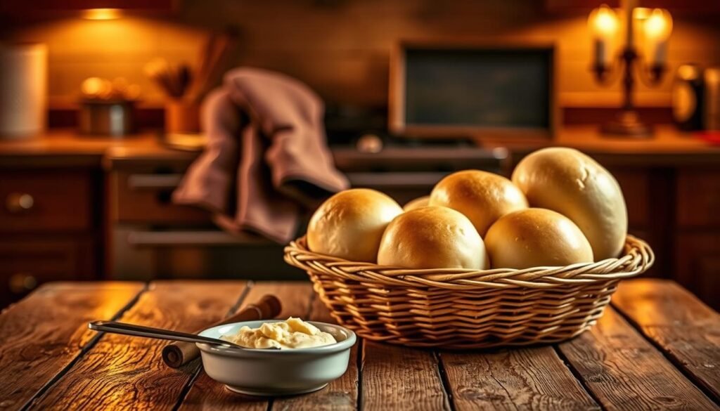 A beautifully arranged display of Texas Roadhouse rolls on a rustic wooden table. In the foreground, several warm, fluffy rolls are presented in a woven basket, lightly brushed with butter, glistening under soft golden lighting. A small dish of cinnamon butter lies beside the basket, invitingly spread with a knife. In the middle, a set of oven mitts and a vintage baking tray suggest preparation for reheating. The background features a cozy, dimly lit kitchen with warm tones, emphasizing a welcoming atmosphere. The soft focus on the rolls creates a mouthwatering appeal, inviting the viewer to imagine the delicious aroma filling the air. The overall mood is warm, comforting, and homely, perfect for emphasizing the art of reheating these beloved rolls.