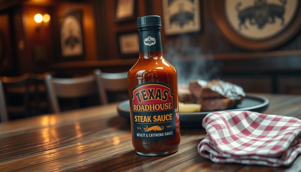 A beautifully arranged display of Texas Roadhouse steak sauce packaging on a rustic wooden table, featuring a focus on the iconic glass bottle with its bold, earthy colors and distinct label design. The bottle glistens under soft, warm lighting that highlights the texture of the sauce, emphasizing its rich, deep hue. In the background, a cozy restaurant setting is suggested with dim lights and wooden accents, creating an inviting atmosphere. To the side, a neatly folded checkered napkin adds a touch of homey charm, while the faint outline of a steak can be seen in the background, hinting at the culinary delight to come. The angle captures the scene from a slightly elevated perspective, enhancing the visual appeal of the presentation.