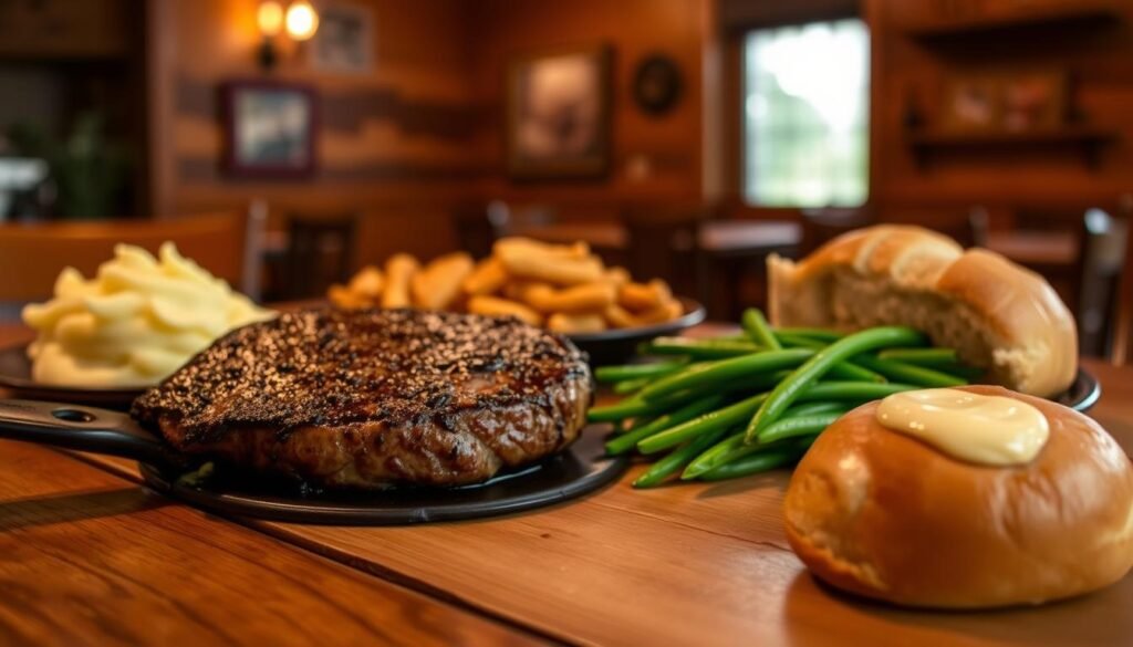 A beautifully arranged display of Texas Roadhouse's Early Dine menu entrees, featuring a sizzling steak cooked to perfection, accompanied by buttery mashed potatoes and vibrant green beans. In the foreground, a wooden table is set with a rustic charm, highlighting a cozy dining experience. To the right, a freshly baked bread roll with honey cinnamon butter glistens invitingly. In the background, soft warm lighting creates an inviting atmosphere reminiscent of a casual restaurant setting, while a faintly blurred backdrop of wooden décor and warm-colored walls enhances the focus on the entrees. The image should evoke a feeling of warmth and comfort, showcasing the deliciousness and generous portions typical of Texas Roadhouse, catering to a family-friendly dining environment.