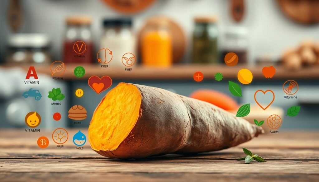 A beautifully arranged display of a sweet potato, showcasing its vibrant orange flesh and rough, brown skin, prominently placed in the foreground. Surrounding the sweet potato, an array of key nutritional elements—vitamins, minerals, and macronutrients—artistically illustrated as colorful icons or symbols, representing vitamin A, vitamin C, fiber, and other essential nutrients. The middle ground features a rustic wooden table, imbuing a warm, homey ambiance. In the background, soft, diffused lighting creates a cozy kitchen setting, with blurred-out jars of spices and herbs, enhancing the inviting atmosphere. The overall mood conveys health, indulgence, and nourishment, suitable for a food-centric article.