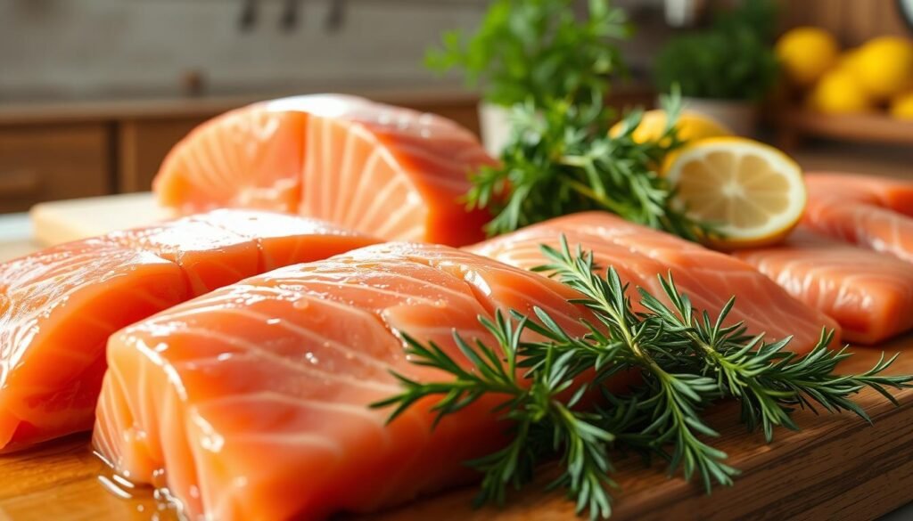 A beautifully arranged display of fresh salmon fillets, glistening with a light sheen of olive oil, placed prominently in the foreground. The fillets should showcase their vibrant pink color, with visible marbling and the texture of the flesh highlighted. In the middle ground, a cutting board adorned with fresh herbs like rosemary and dill, alongside lemon wedges adding a pop of color. Soft, diffused natural lighting creates a warm, inviting atmosphere, emphasizing the freshness of the ingredients. The background features a rustic kitchen setting with wooden cabinets and a hint of greenery from potted herbs. This scene captures the essence of selecting the best quality salmon fillets, evoking a sense of culinary delight and healthfulness.