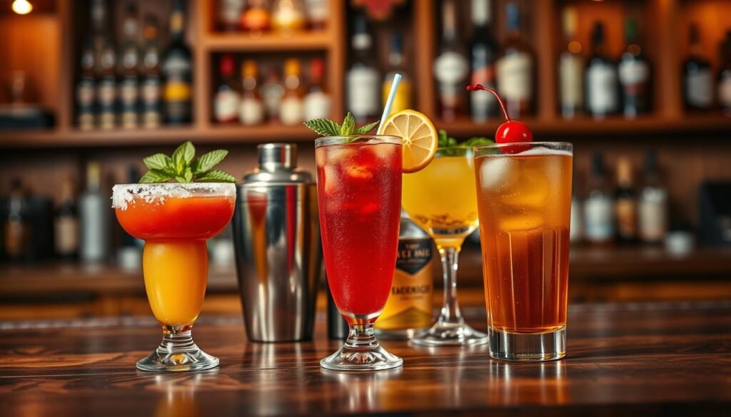 A beautifully arranged display of handcrafted specialty cocktails on a rustic wooden bar. In the foreground, showcase three vibrant cocktails: a bright red margarita with a salted rim, a deep green mojito garnished with fresh mint leaves, and a golden whiskey sour with a cherry on top. In the middle ground, include an elegant shaker and colorful cocktail garnishes like citrus slices and herbs. The background features warm, dim lighting that creates an inviting atmosphere, with blurred wooden shelves stocked with various spirits. Use a soft-focus lens effect to emphasize the drinks, capturing the essence of a lively, relaxed Texas Roadhouse vibe. The overall mood should be festive and welcoming, perfect for a night out.