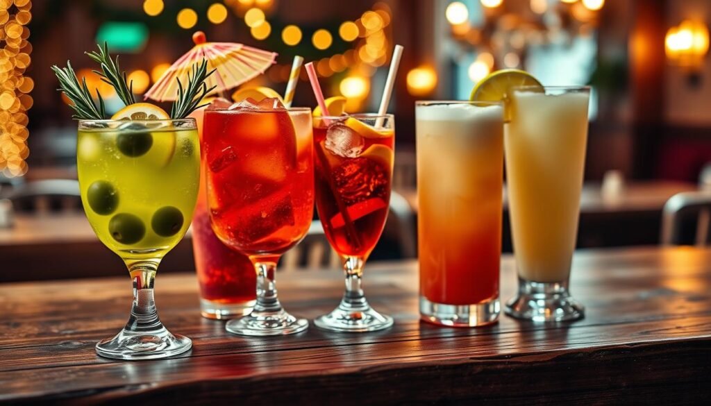 A beautifully arranged display of various Olive Garden signature cocktails on a rustic wooden table. In the foreground, a vibrant green cocktail garnished with olives and a sprig of rosemary, next to a sparkling, fruity cocktail with citrus slices and a colorful umbrella. In the middle, a classic red sangria filled with fresh fruits, and a creamy limoncello drink in a tall glass. The background features a softly lit Olive Garden restaurant ambiance, with warm, inviting tones and blurred fairy lights. The image captures an elegant and cozy atmosphere, perfect for highlighting the cocktail menu. Use a soft focus for a dreamy effect, with natural light illuminating the drinks, enhancing their colors and textures. A beautifully arranged display of various Olive Garden signature cocktails on a rustic wooden table. In the foreground, a vibrant green cocktail garnished with olives and a sprig of rosemary, next to a sparkling, fruity cocktail with citrus slices and a colorful umbrella. In the middle, a classic red sangria filled with fresh fruits, and a creamy limoncello drink in a tall glass. The background features a softly lit Olive Garden restaurant ambiance, with warm, inviting tones and blurred fairy lights. The image captures an elegant and cozy atmosphere, perfect for highlighting the cocktail menu. Use a soft focus for a dreamy effect, with natural light illuminating the drinks, enhancing their colors and textures.