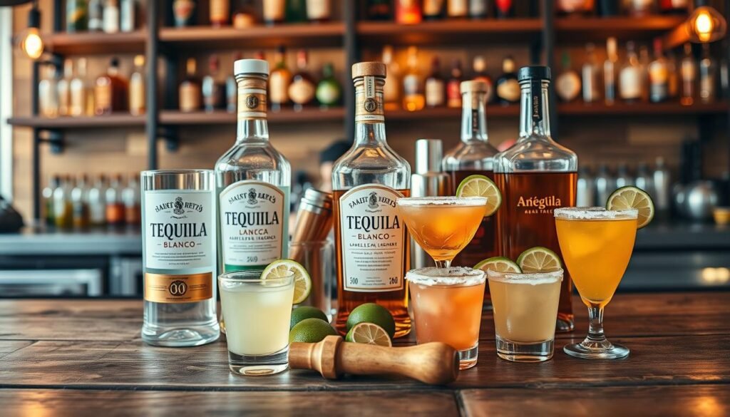 A beautifully arranged display of various tequila varieties set on a rustic wooden bar surface. In the foreground, three distinct bottles of tequila – a clear Blanco, an amber Reposado, and an aged Añejo – are featured, each with unique labels and elegant shapes. Surrounding the bottles, artisanal shot glasses are filled with vibrant, colorful margaritas, adorned with lime wedges and salt-rimmed edges. In the middle ground, a subtle arrangement of fresh limes, a wooden muddler, and cocktail shaker add to the bar scene. The background features blurred shelves with additional spirits and warm, ambient lighting casting a cozy glow. The mood is inviting and festive, ideal for a casual gathering, showcasing the essence of tequila craftsmanship. The camera angle captures both the bar setup and the delicious cocktails in rich detail. A beautifully arranged display of various tequila varieties set on a rustic wooden bar surface. In the foreground, three distinct bottles of tequila – a clear Blanco, an amber Reposado, and an aged Añejo – are featured, each with unique labels and elegant shapes. Surrounding the bottles, artisanal shot glasses are filled with vibrant, colorful margaritas, adorned with lime wedges and salt-rimmed edges. In the middle ground, a subtle arrangement of fresh limes, a wooden muddler, and cocktail shaker add to the bar scene. The background features blurred shelves with additional spirits and warm, ambient lighting casting a cozy glow. The mood is inviting and festive, ideal for a casual gathering, showcasing the essence of tequila craftsmanship. The camera angle captures both the bar setup and the delicious cocktails in rich detail.