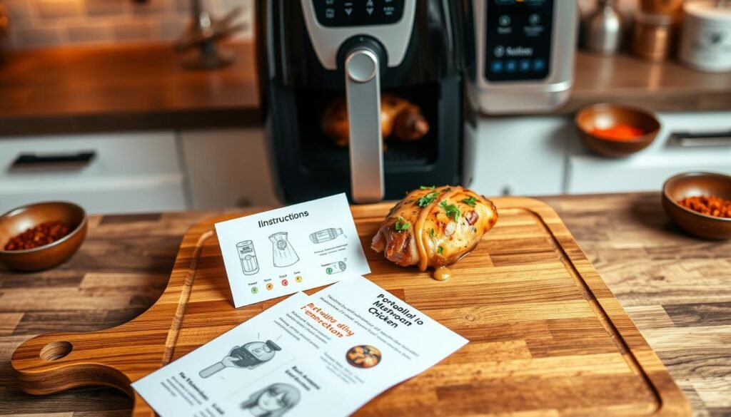 A beautifully arranged flat lay of air fryer instructions, emphasizing the cooking method for Portobello Mushroom Chicken. In the foreground, a glossy wooden cutting board features neatly printed, colorful instruction cards, with illustrations of the air fryer, buttons, and temperature settings. In the middle, an elegantly designed air fryer sits with the lid slightly open, showcasing a perfectly cooked Portobello Mushroom Chicken dish garnished with fresh herbs. The background includes kitchen elements like a countertop, small bowls of spices, and the soft glow of ambient kitchen lighting, creating a warm and inviting atmosphere. The overall mood is informative and appealing, inviting viewers to explore healthy cooking methods. The image is shot from a top-down angle, capturing the full essence of the subject without any text or distractions.