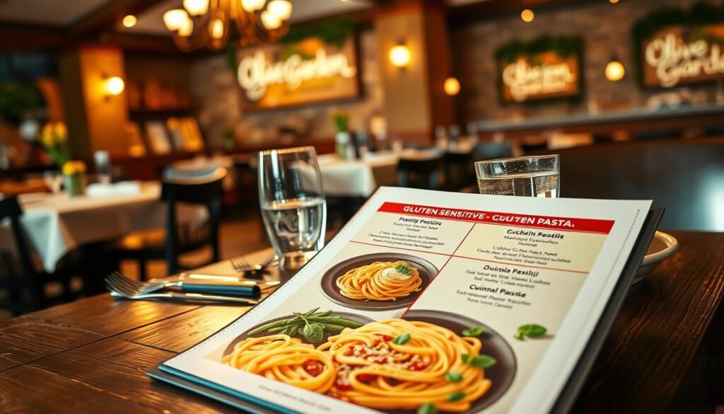 A beautifully arranged gluten-sensitive menu displayed on a rustic wooden table, with a focus on colorful, fresh ingredients. In the foreground, the menu features enticing gluten-free pasta options, illustrated with vibrant images of dishes like zucchini noodles and quinoa pasta, garnished with fresh herbs. In the middle, delicate utensils and a glass of sparkling water sit beside the menu, casting soft reflections on the table. The background showcases softly blurred Olive Garden restaurant decor, with warm lighting creating a cozy, inviting atmosphere. Capture the essence of dining safely, highlighting the friendly ambiance and attention to dietary needs, with a focus on warmth and welcoming vibes. Use a moderate depth of field and angles that emphasize the menu while maintaining a balanced composition.