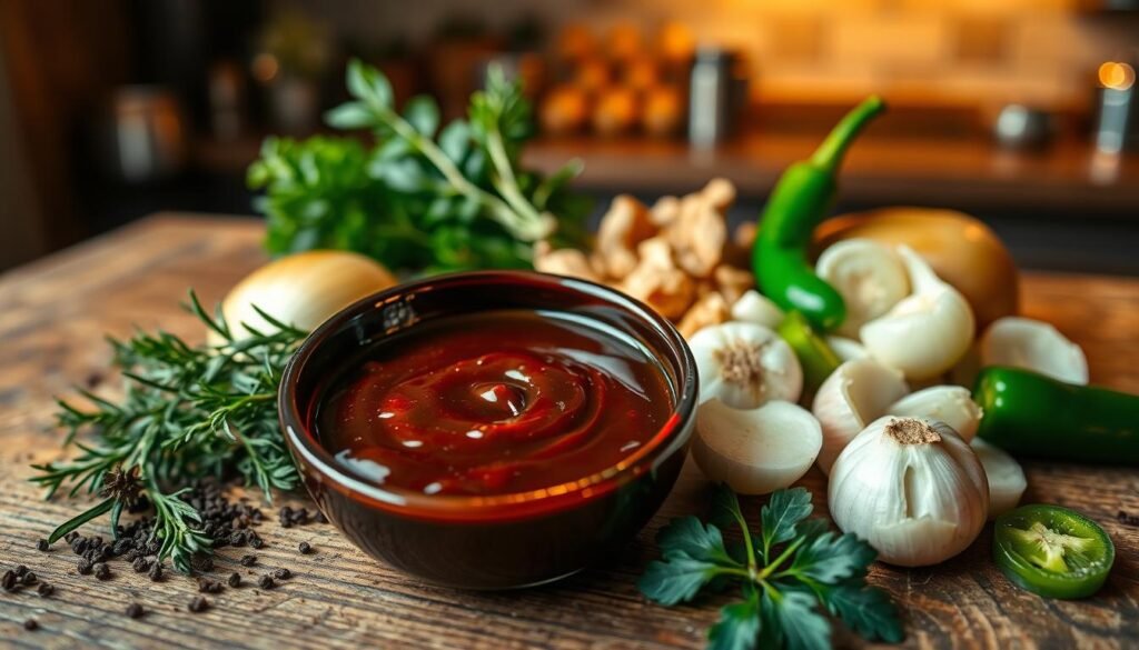 A beautifully arranged ingredient profile for a Texas Roadhouse steak sauce on a rustic wooden table, showcasing a variety of vibrant ingredients. In the foreground, an elegantly styled bowl containing a rich, dark steak sauce with a glossy sheen, surrounded by fresh herbs like rosemary and thyme, and spices such as black pepper and chili flakes. In the middle, an assortment of chopped onions, garlic cloves, and jalapeños with glistening textures, adding depth and flavor. The background features a blurred out kitchen setting with warm, inviting lighting, creating a cozy atmosphere. The angle is slightly top-down, focusing on the vibrant colors and rich textures of the ingredients, emphasizing their freshness and quality.