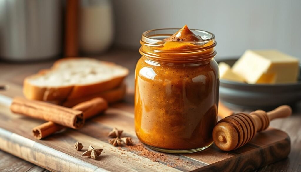 A beautifully arranged jar of homemade cinnamon honey spread sits prominently in the foreground, showcasing its rich, amber texture and flecks of ground cinnamon. The spread is surrounded by a rustic wooden board adorned with a few cinnamon sticks and a small honey dipper, hinting at the key ingredients. In the middle background, softly blurred, there are complementary elements such as slices of fresh bread and a small dish of fresh butter, softly lit by warm, natural lighting that suggests a cozy kitchen ambiance. The image is captured from a slightly elevated angle, emphasizing the spread's inviting nature while maintaining a clean, uncluttered backdrop that exudes warmth and homeliness. The overall mood is inviting, perfect for food lovers looking to add a sweet touch to their meals.